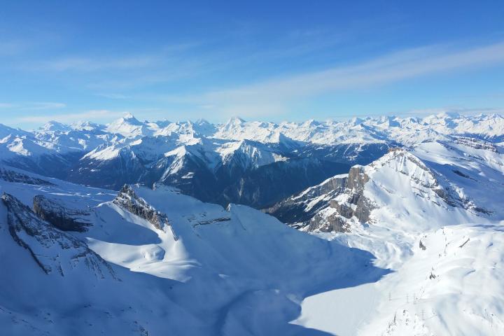 The view of snow covered mountains on a helicopter tour