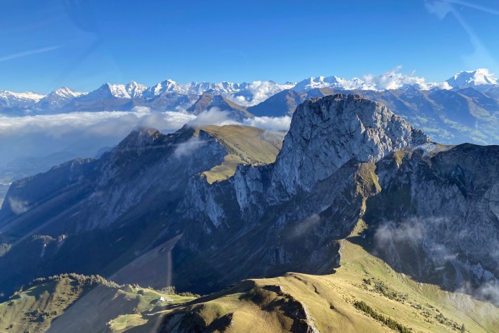 The view on the Stockhorn with covered mountain in the background