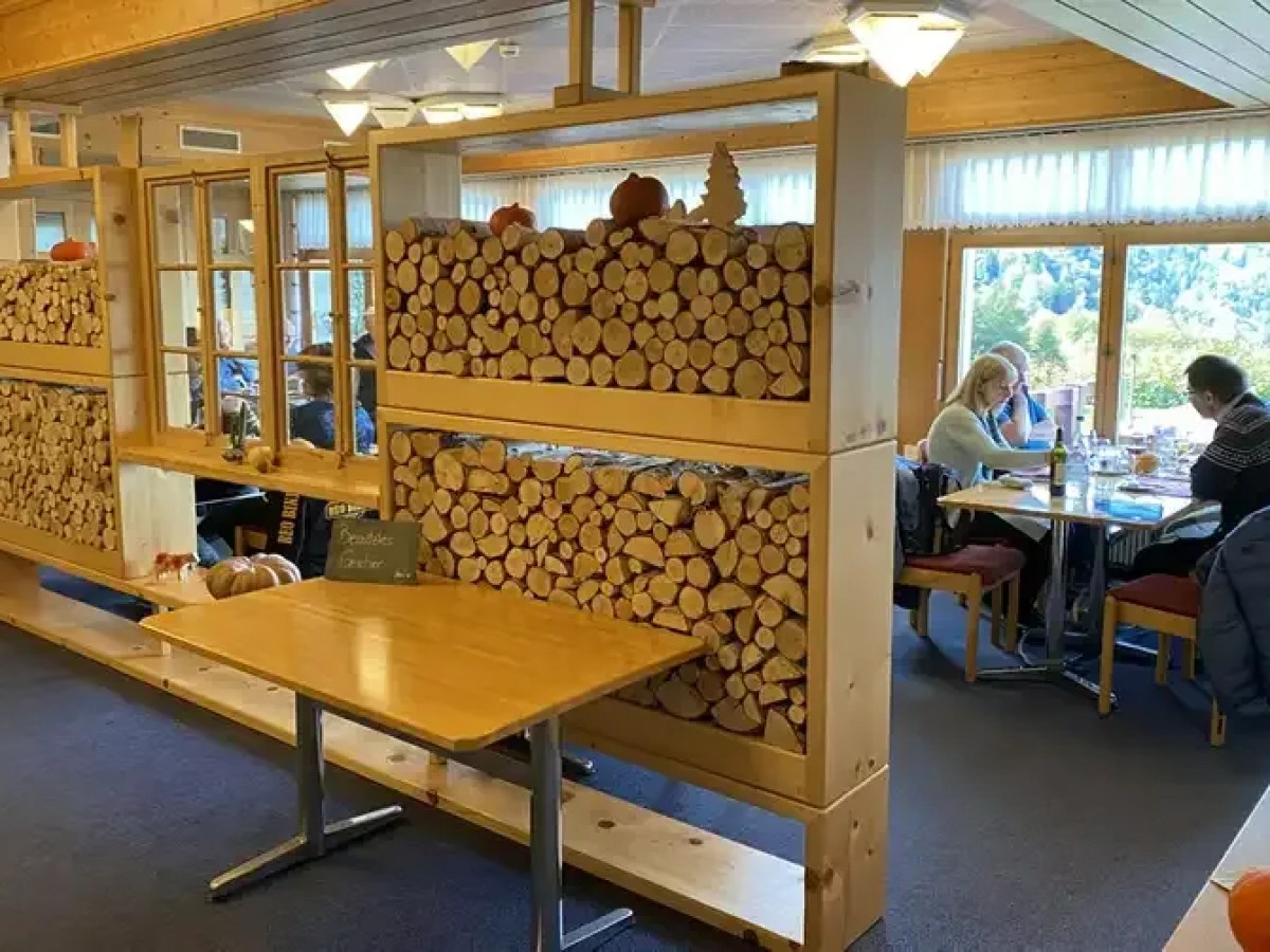 a group of people sitting at a table in a room