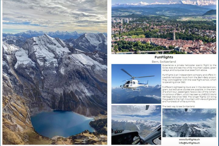 Exclusive Travel Temptations Magazine article featuring FunFlights Helicopter-Tours with scenic aerial images over the Swiss Alps