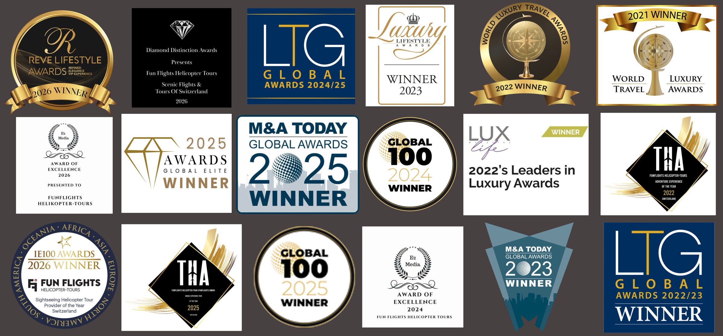 Collage of various global award logos and badges which FunFlights Helicopter-Tours won for their excellence and unique services.